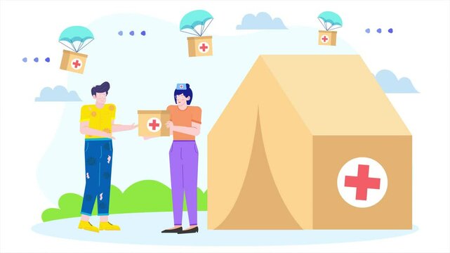 Humanitarian aid delivery with parachutes and medical tent illustration animated video