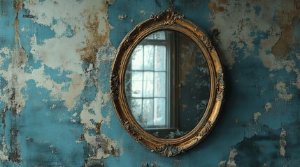 Vintage oval mirror with ornate gold frame on a blue wall.