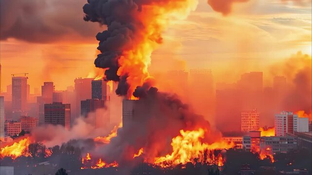A cityscape with buildings engulfed in flames, smoke rising into a dramatic orange sky at sunset.