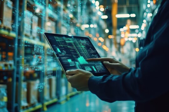 A worker in a warehouse uses a tablet to manage data and inventory with a futuristic overlay on the screen. - Powered by Adobe
