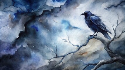 Fototapeta premium Ominous raven perched solemnly against turbulent watercolor sky