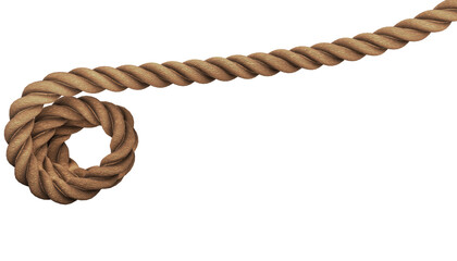 A close-up of a thick, brown rope tied in a knot.  The rope is against a transparent background.