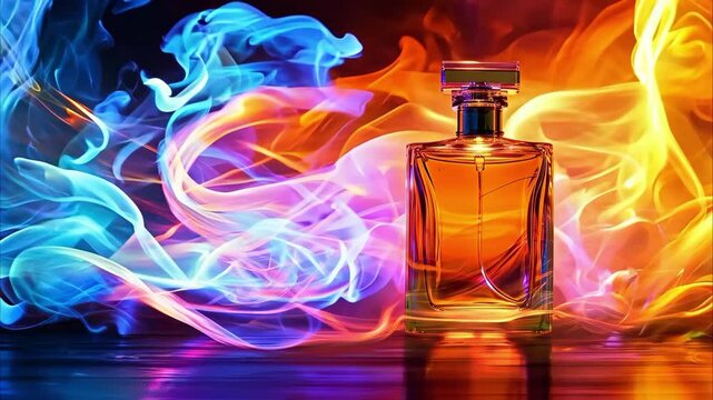 A decorative perfume bottle surrounded by colorful, swirling smoke in shades of blue, orange, and yellow.