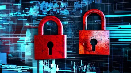 A digital illustration depicting broken red padlocks against a backdrop of abstract data and technological elements. - Powered by Adobe