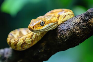Obraz premium A yellow and brown snake with a patterned scales rests on a branch, looking directly at the camera.