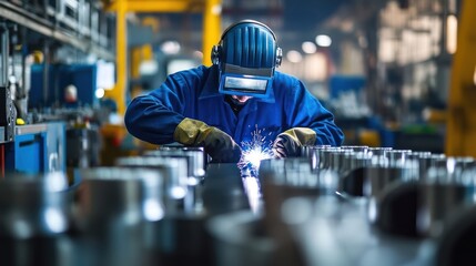 A worker wearing a welding mask and protective gloves welds metal pipes on an assembly line.