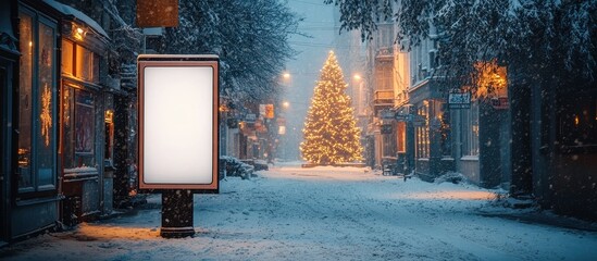 Festive Winter Street Scene with Illuminated Christmas Tree and Blank Billboard in Snowy Urban Setting at Night