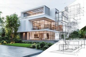 Modern architectural design featuring a contemporary house and blueprint overlay.