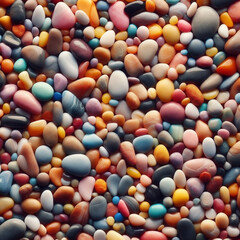 Colorful assortment of smooth pebbles collected from a riverbed under natural sunlight, showcasing vibrant hues and textures