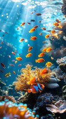 Bright orange clownfish swim among a variety of colorful tropical fish and corals in a lively coral reef, illuminated by soft sunlight.