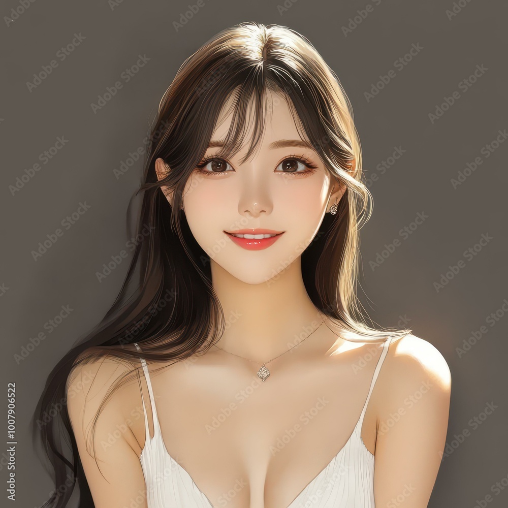 Poster a cheerful anime girl with a charming smile and deep black eyes, depicted in a stunning photorealist