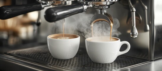 Steaming Espresso Cups Being Filled by Professional Coffee Machine in Cozy Cafe Setting