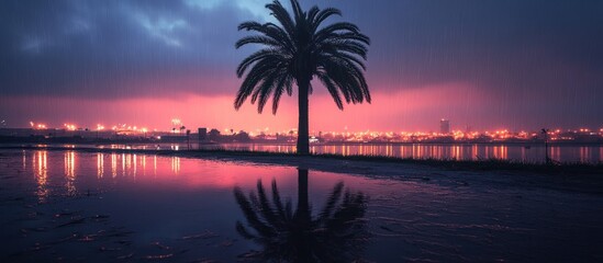 A single palm tree stands silhouetted against a pink sunset over a city skyline, reflected in a calm body of water.