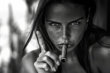 close-up of girl with big cigar in mouth and finger raised black and white
