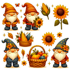 Autumn Garden Gnomes Clipart Set isolated on a white background