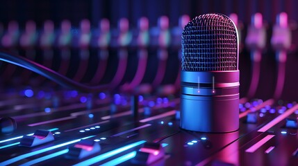 Close-up of studio microphone with neon lights for music recording and audio production in dark studio modern soundboard and creative entertainment technology concept.