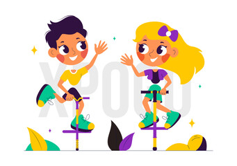 XPogo Stick Jumping Sport Vector Illustration in Outdoor Playful Scene in a Flat Style Cartoon Background