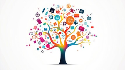 A knowledge tree with colorful branches extending into abstract symbols of learning and discovery, set against a sleek white backdrop