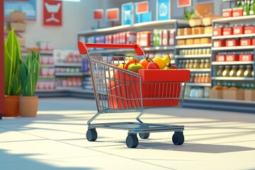 trolley full of groceries in the supermarket in 3d style by generative ai