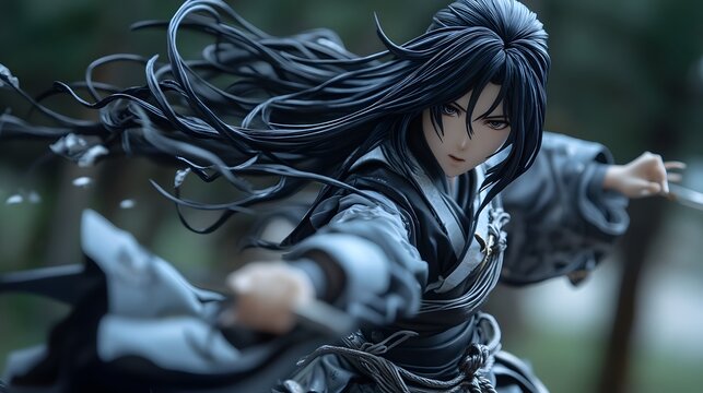 Anime figure in an action pose with flowing hair and highly detailed clothing