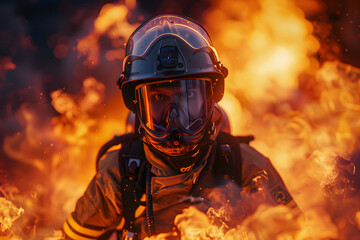 A determined male firefighter, clad in protective gear, stands amidst roaring flames, embodying bravery and resilience in the face of danger.