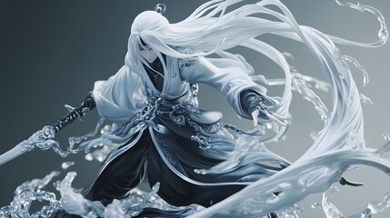 Anime figure in an action pose with flowing hair and highly detailed clothing