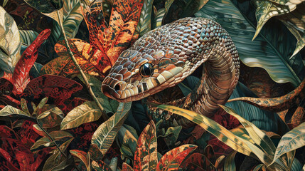 Obraz premium “Vivid Danger: Snake’s Gaze Amidst the Jungle Greens”
