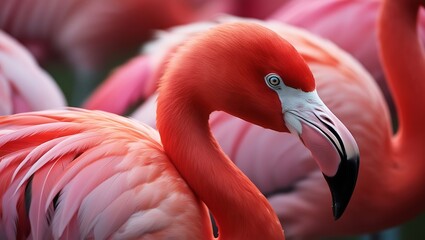 This stunning close-up image captures the intricate details of a flamingo’s feathers, bringing its vibrant pink hues and delicate textures to life. 