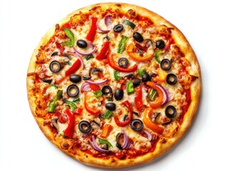Pizza topped with a variety of fresh vegetables, including bell peppers, onions, and olives, on a golden-brown crust Isolated on white background