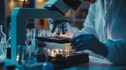 Scientist Examining a Liquid Sample Under a Microscope in a Laboratory