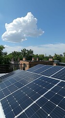 Solar panels installed on a rooftop, capturing sunlight under a clear blue sky, representing renewable energy and sustainable living.