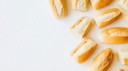 A French baguette sliced into pieces, neatly arranged on a bright white background for a clean and appetizing look.