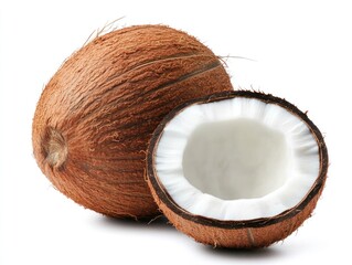 A whole coconut with a smooth brown exterior placed next to a half coconut revealing the white interior Isolated on white background