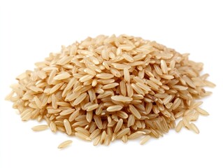 A serving of brown rice with a slightly nutty texture and fluffy appearance Isolated on white background