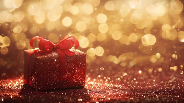 A red gift box tied with a bow, sparkling among warm golden bokeh lights, evoking holiday cheer.
