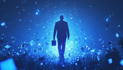 Fototapeta premium A Silhouette of a Man Walking Through a Glowing Blue Field of Broken Shapes