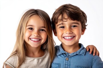 Adorable boy and girl smiling and showing healthy white teeth standing together while making direct eye contact with the camera Isolated on white background