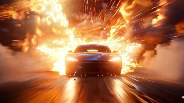 A high-speed car racing through an explosion with flames and debris surrounding it.