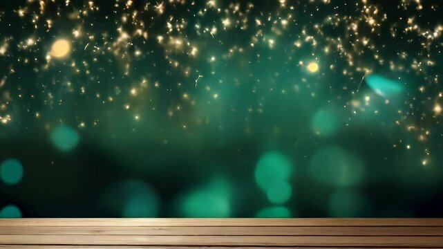 Empty old wooden table over magic dark green glitter Christmas background