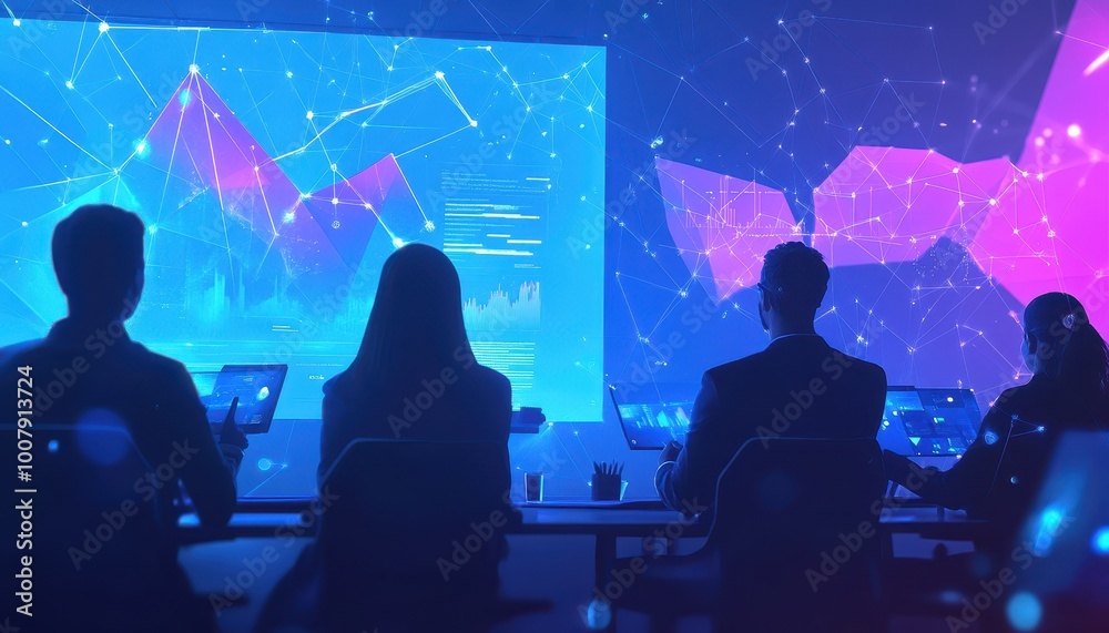 Poster silhouetted figures analyzing data in a neon-lit room