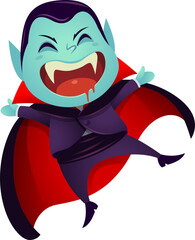 Cute Little Dracula Vampire. Kid in Halloween costume jumping.