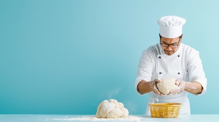 A skilled baker prepares fresh dough in a bright, modern kitchen, showcasing the art of baking with flour and passion in every knead.