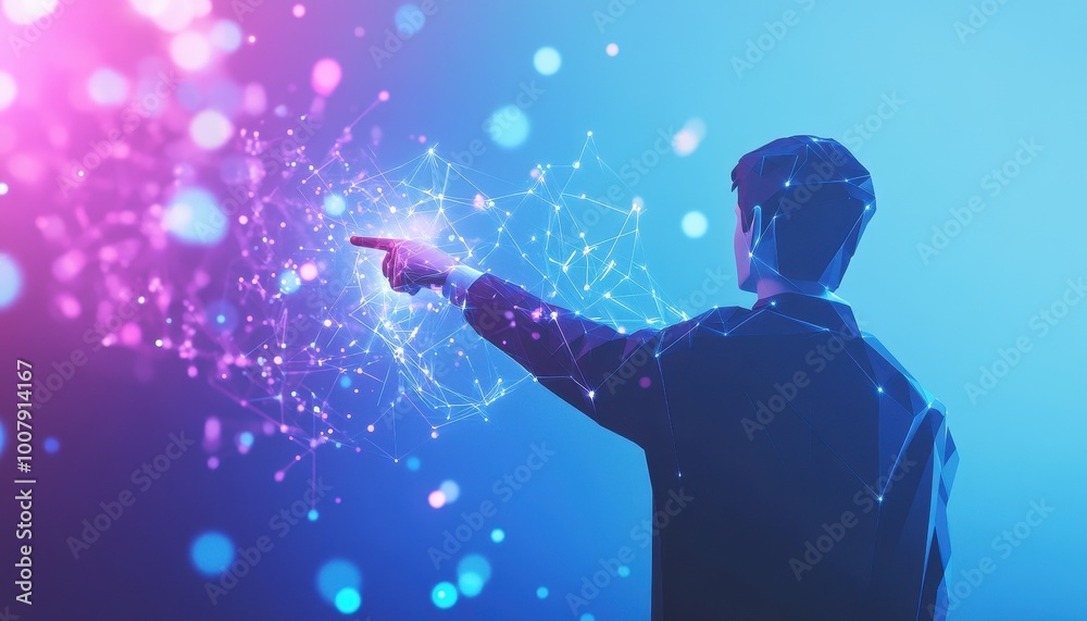 Poster Man Pointing at Abstract Geometric Network with Glowing Lights