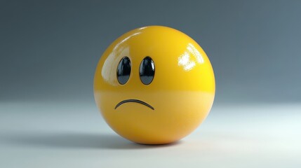 Fototapeta premium Glossy Yellow Sad Face Emoji on Gray Background Reflecting Light and Emotion in a Minimalist Style