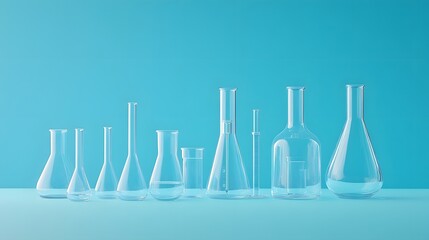 A row of empty laboratory beakers and glassware on a light blue background