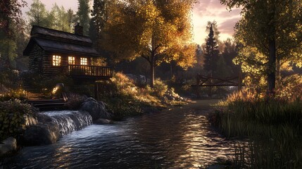 Fototapeta premium Cabin by the Creek at Sunset