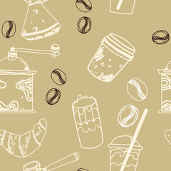 Seamless background with coffee symbols, accessories. Will be useful for restaurant, packaging, menu and interior design, wrapper, menu. Hand drawn vector illustration.