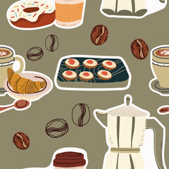 Seamless background with coffee symbols, accessories. Will be useful for restaurant, packaging, menu and interior design, wrapper, menu. Hand drawn vector illustration.
