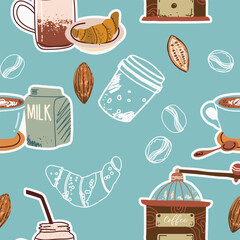 Seamless background with coffee symbols, accessories. Will be useful for restaurant, packaging, menu and interior design, wrapper, menu. Hand drawn vector illustration.