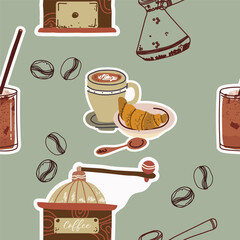 Seamless background with coffee symbols, accessories. Will be useful for restaurant, packaging, menu and interior design, wrapper, menu. Hand drawn vector illustration.